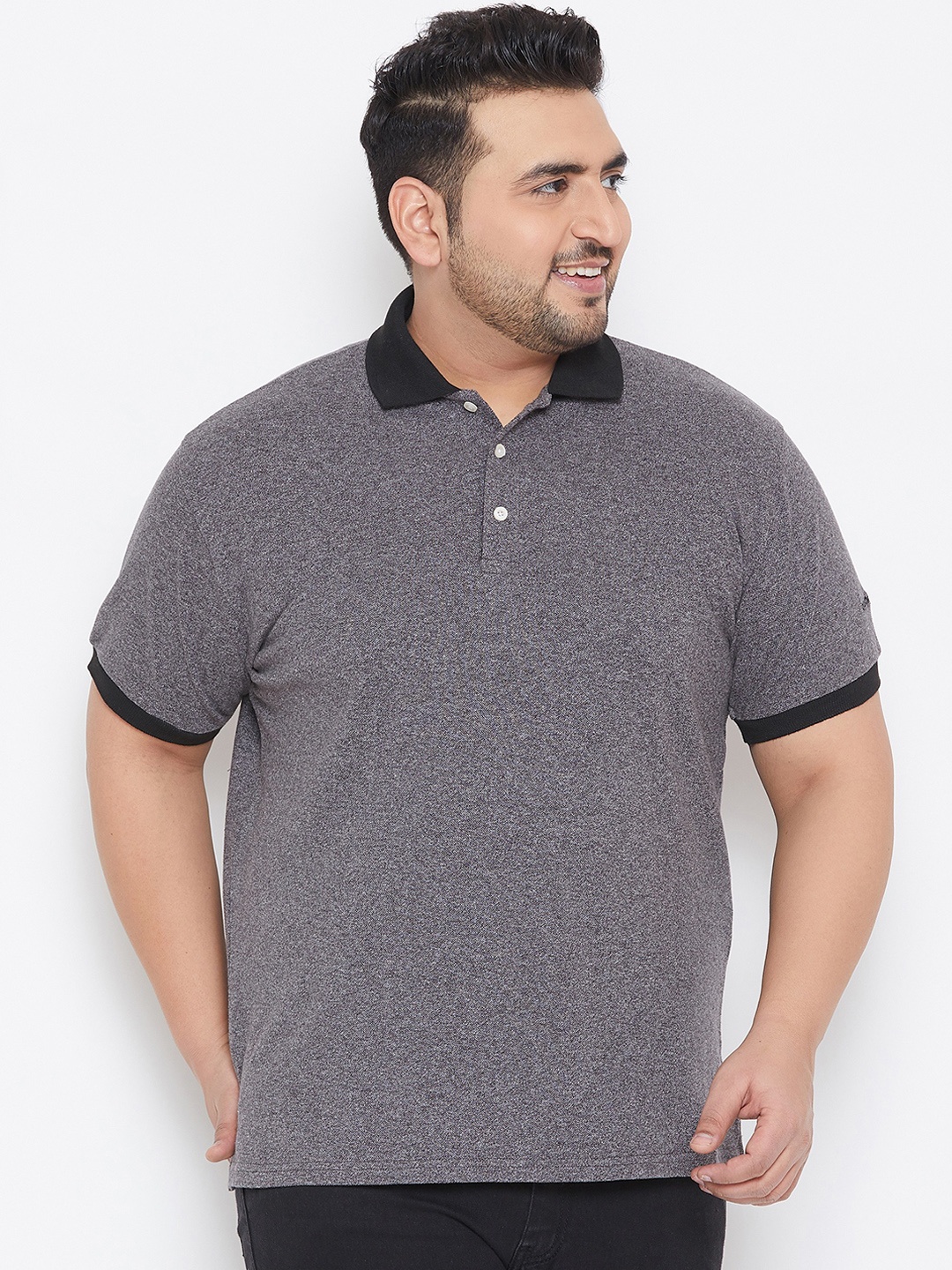 

bigbanana Plus Size Men Grey Solid Polo Collar Bio Finish Pure Cotton T-shirt