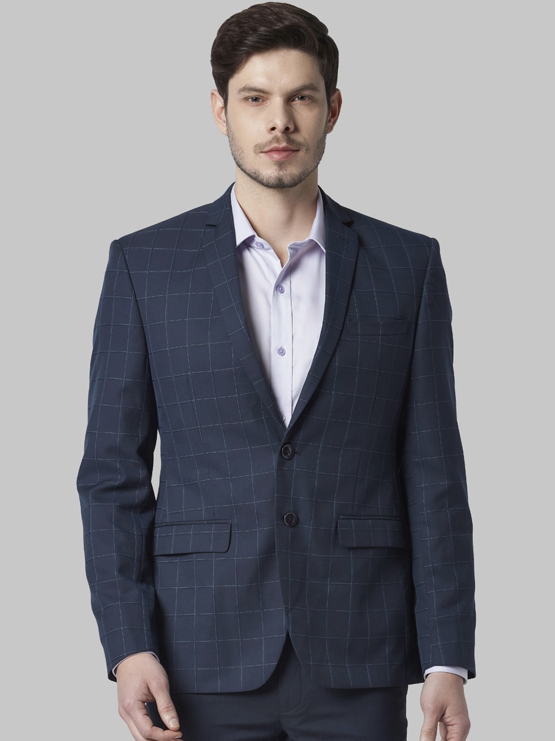 

Park Avenue Men Navy Blue Checked Single-Breasted Super-Slim-Fit Blazer