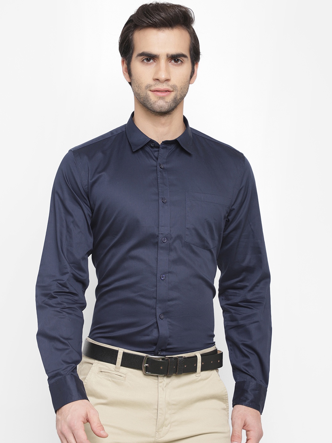 

cape canary Men Navy Blue Regular Fit Solid Formal Shirt