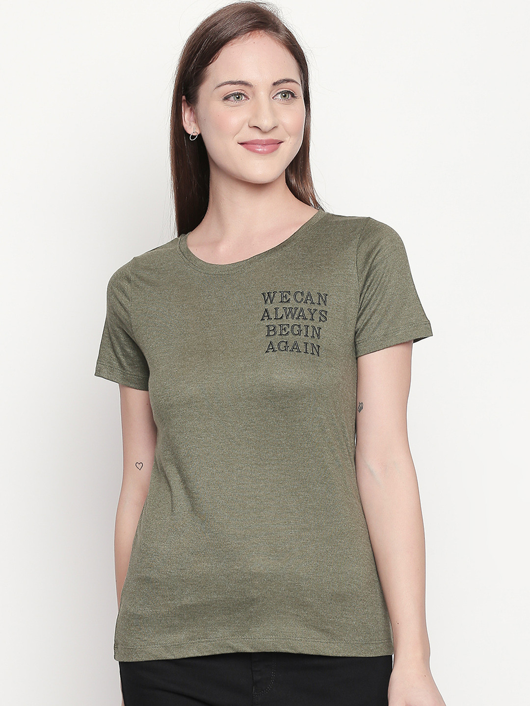 

Honey by Pantaloons Women Olive Green Printed Round Neck T-shirt