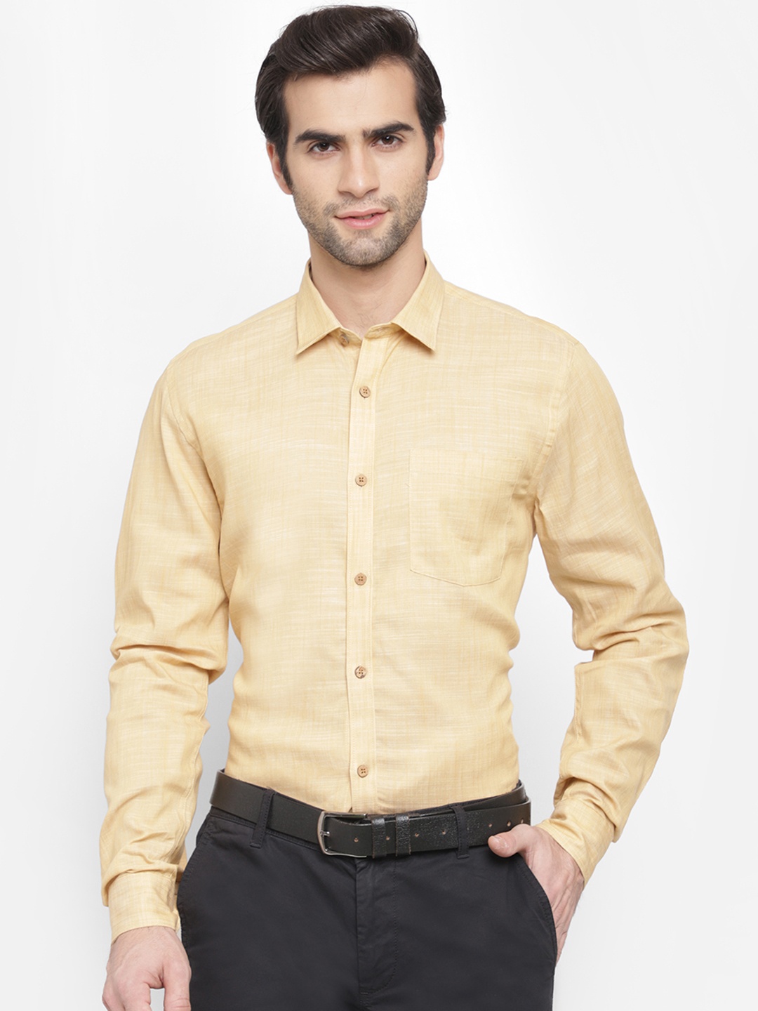 

cape canary Men Yellow Regular Fit Solid Formal Shirt
