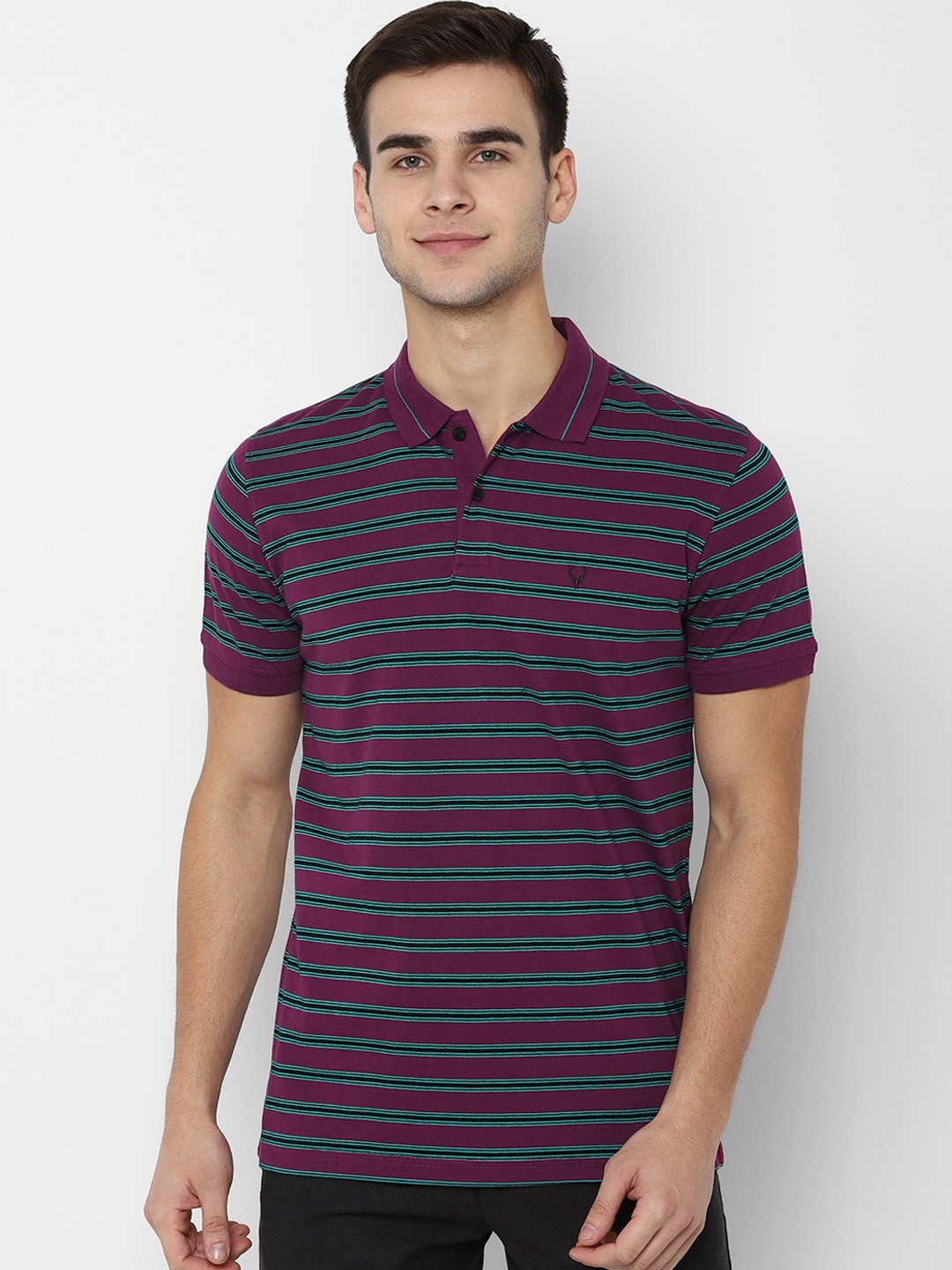 

Allen Solly Men Purple Striped Polo Collar Pure Cotton T-shirt