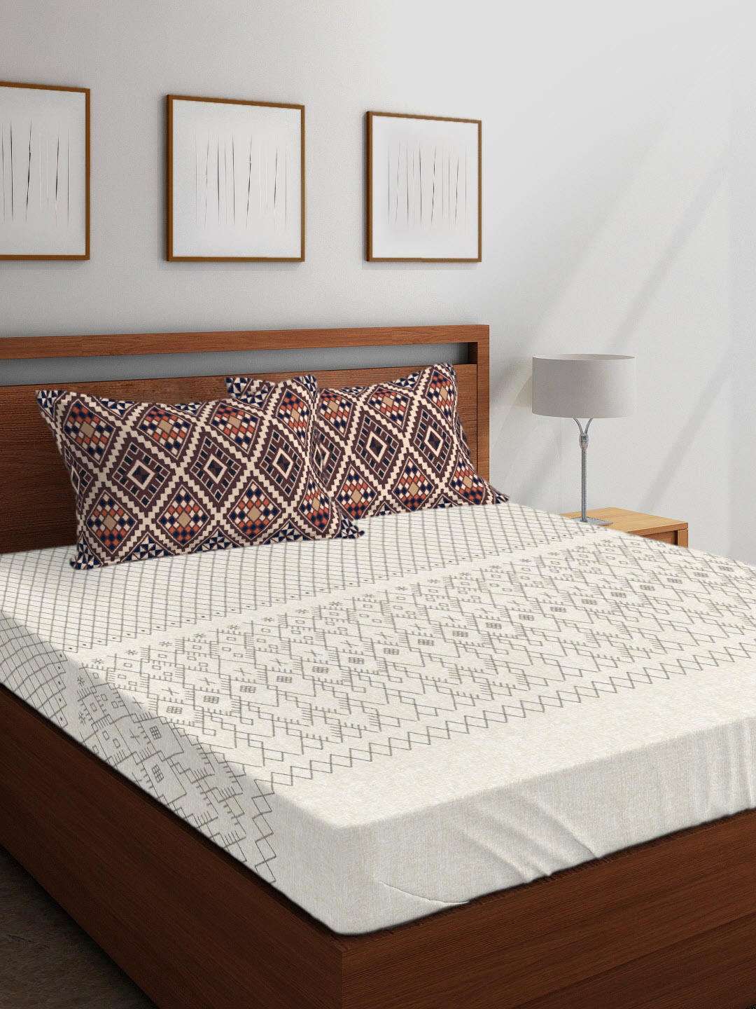 

Boutique Living India Cream-Coloured Abstract 210 TC Cotton 1 King Bedsheet with 2 Pillow Covers
