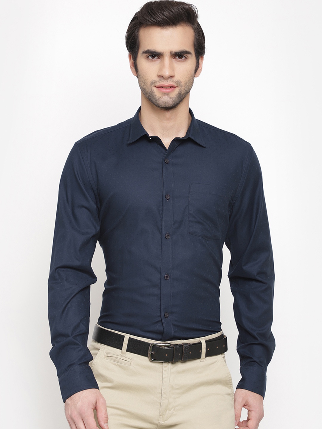 

cape canary Men Navy Blue Regular Fit Self Design Formal Shirt