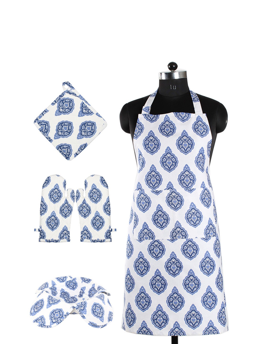 

House This Set of 5 Blue & White Printed Cotton Kitchen Linen Set