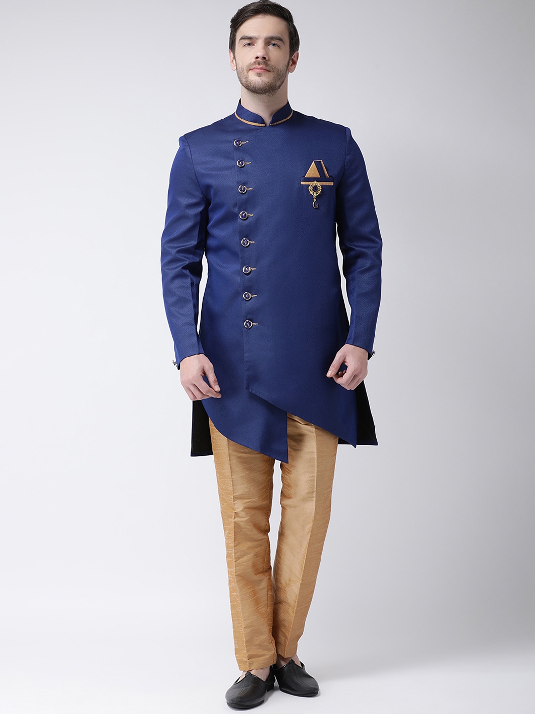

SG RAJASAHAB Men Blue & Gold-Coloured Solid Sherwani Set
