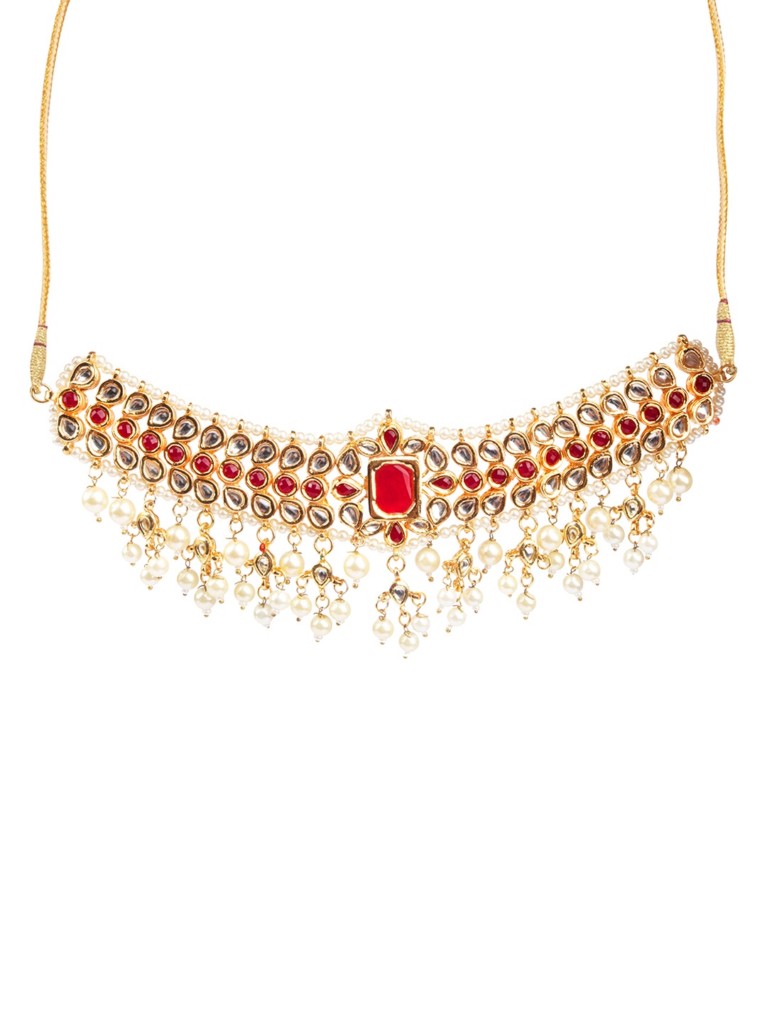 Fabstreet Gold-Plated Red & White Kundan Studded Handcrafted Jewellery Set