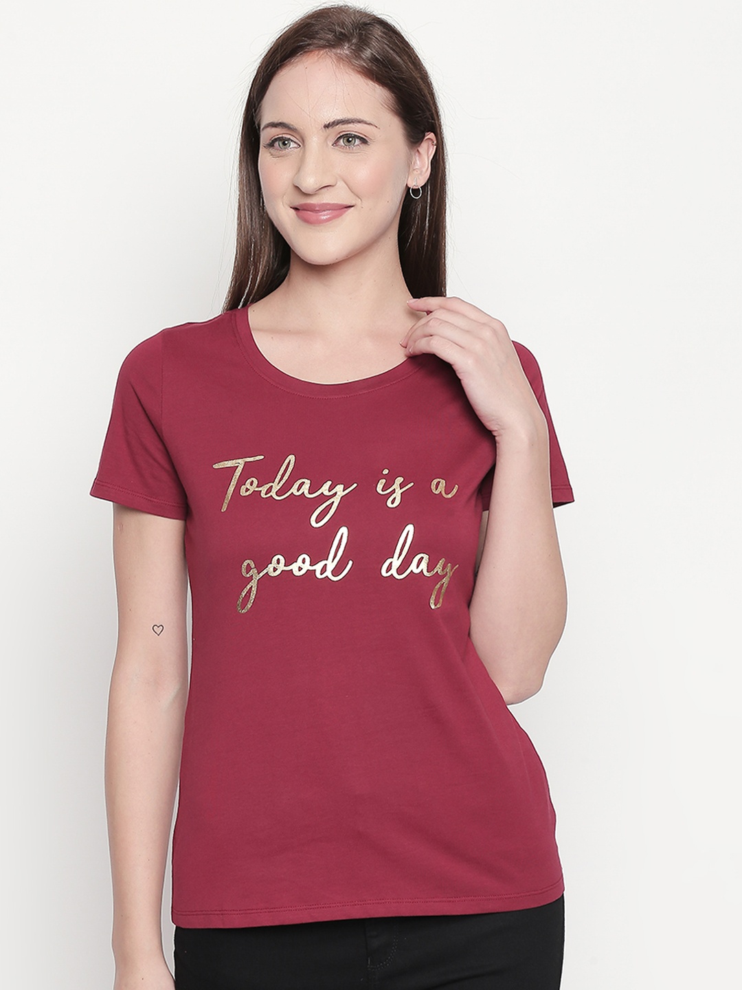

Honey by Pantaloons Women Maroon Printed Round Neck Pure Cotton T-shirt