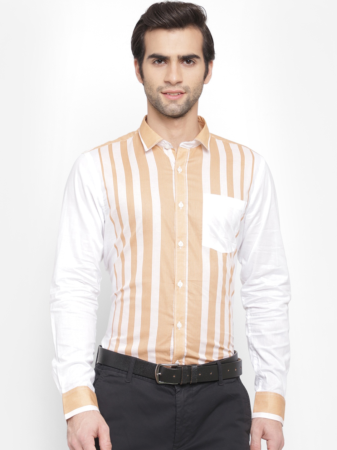 

cape canary Men Beige & White Regular Fit Striped Formal Shirt