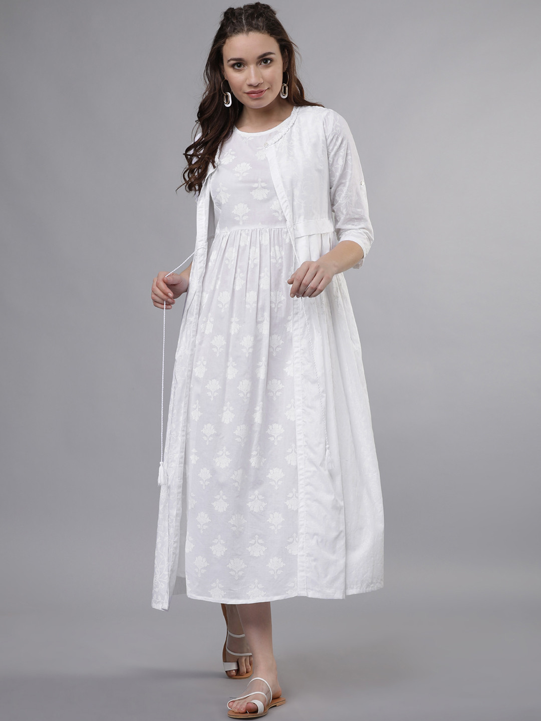 

Vishudh Women White Floral Print Empire Dress With Jacket