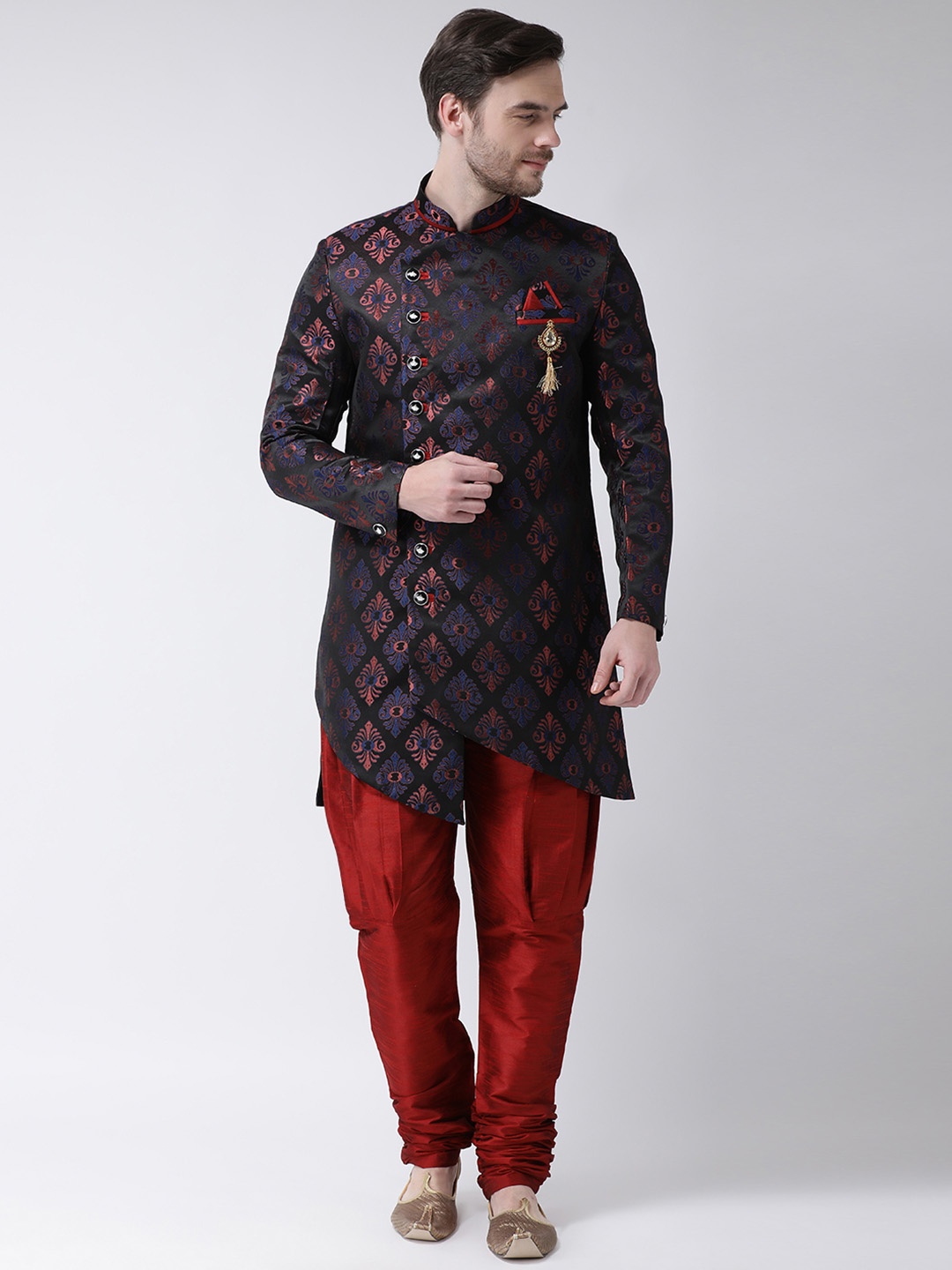

SG RAJASAHAB Men Black & Maroon Woven Design Silk Sherwani with Jodhpuri Pants