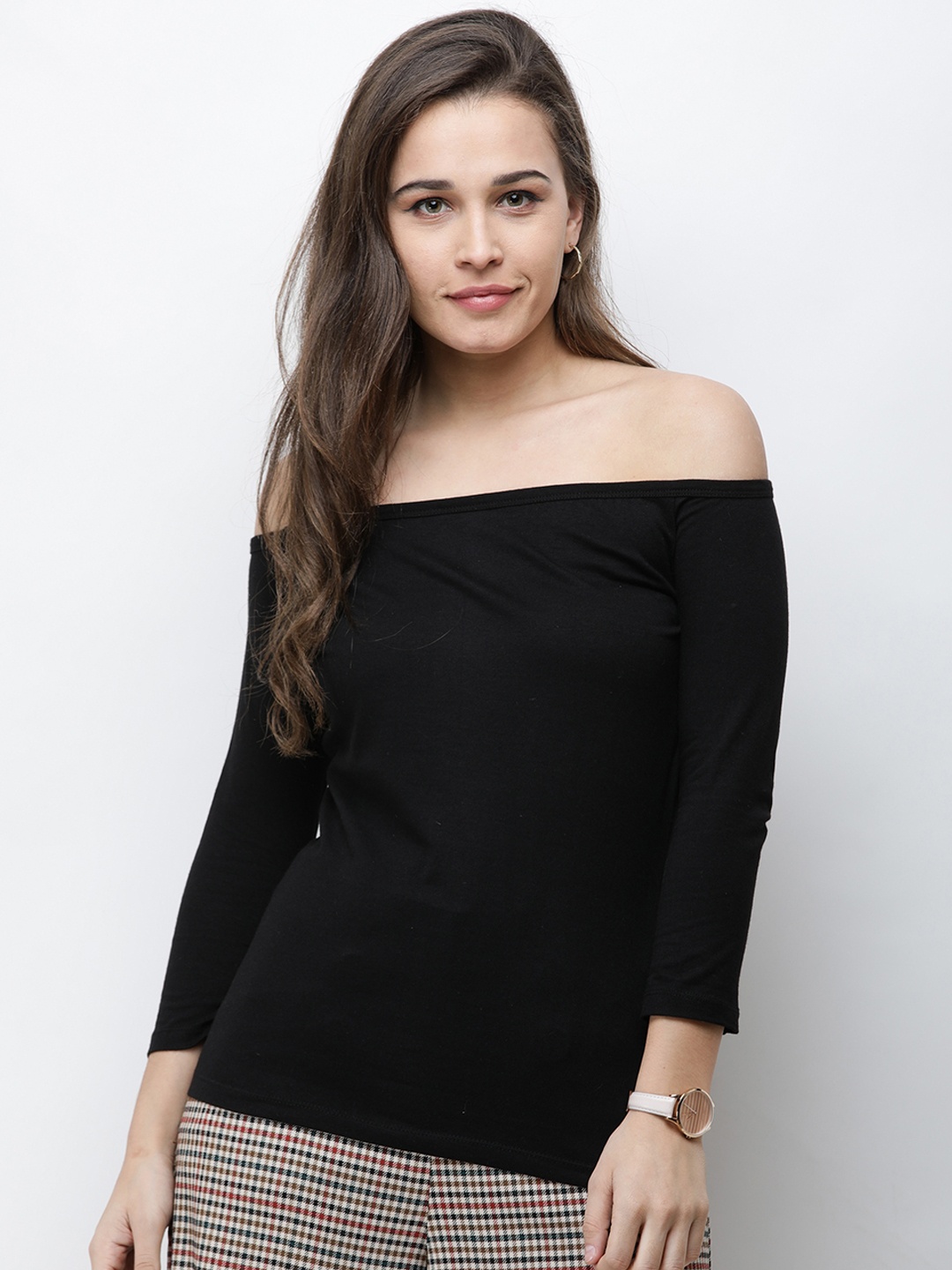 

Cation Women Black Solid Bardot Pure Cotton Top