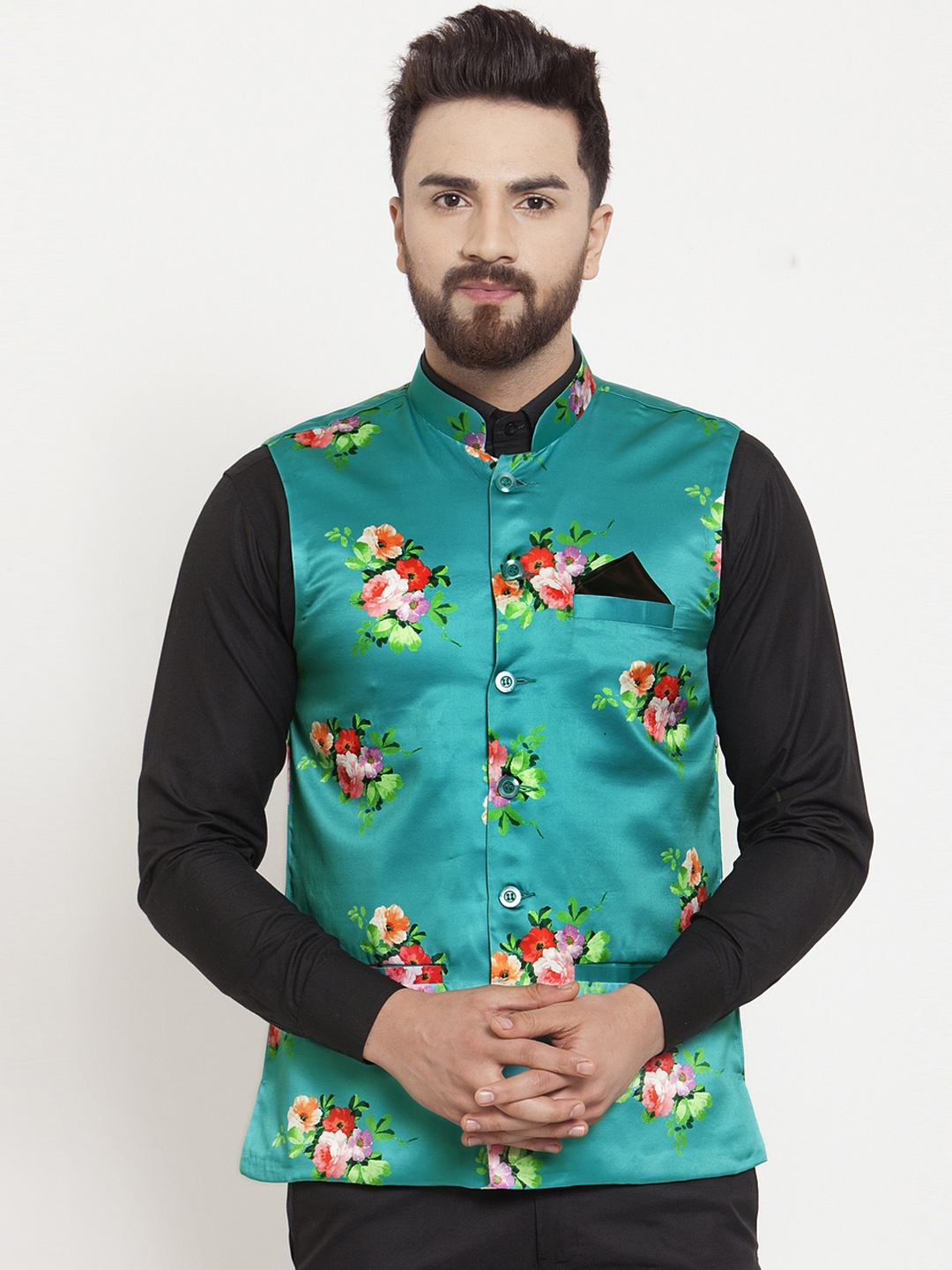

KLOTTHE Men Green & Pink Printed Satin Nehru Jacket