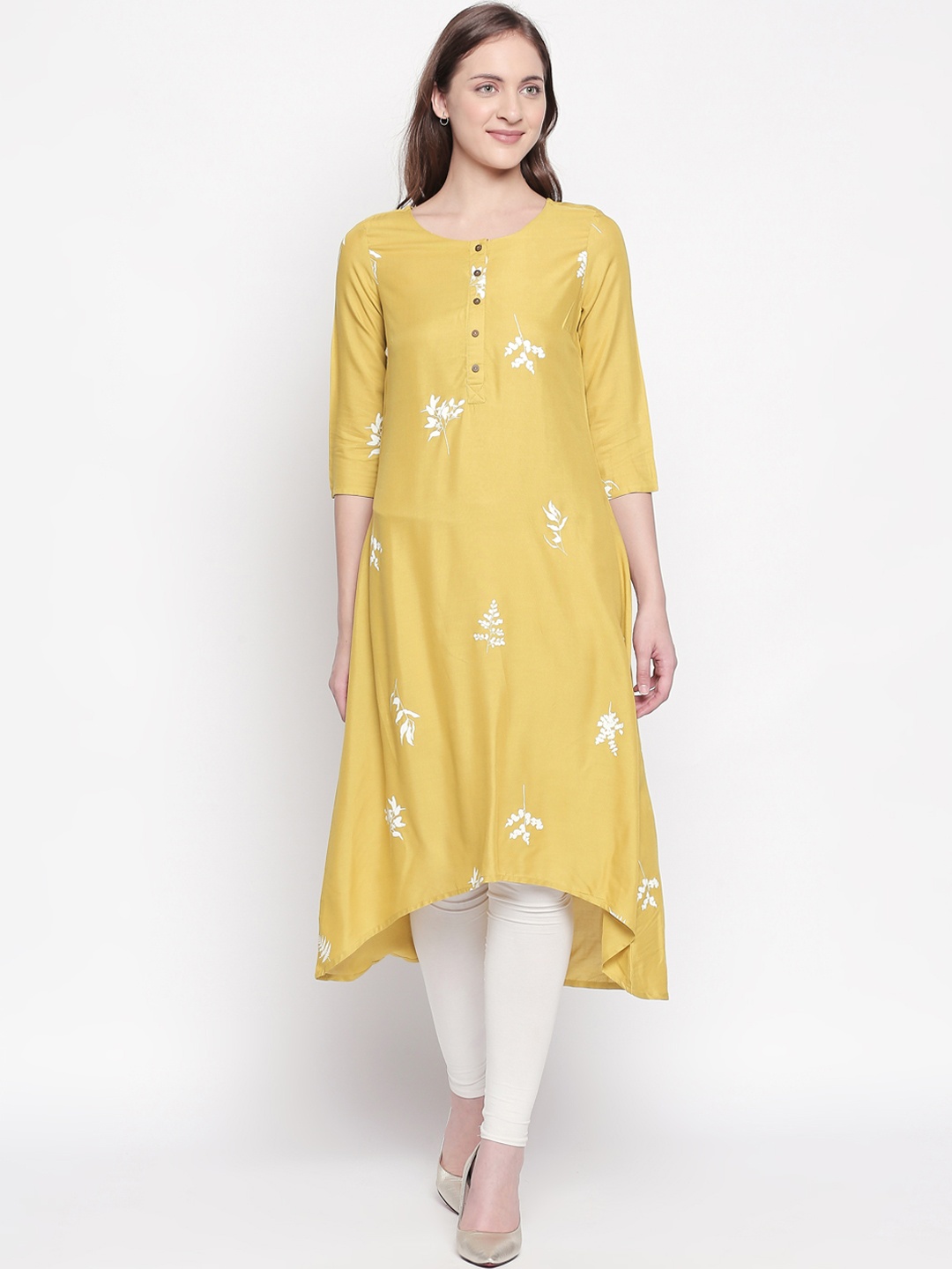 

RANGMANCH BY PANTALOONS Women Yellow & White Embroidered A-Line Kurta