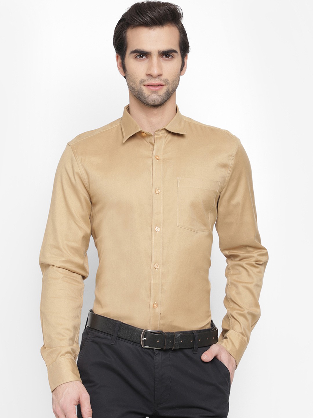 

cape canary Men Khaki Regular Fit Solid Formal Shirt