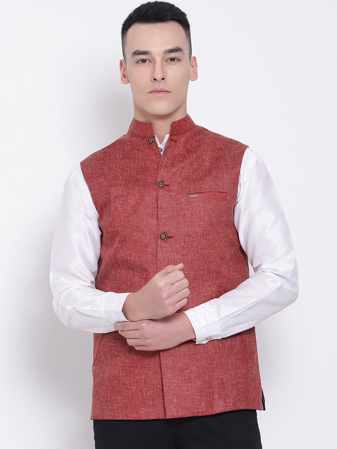 

DEVOILER Men Maroon Solid Woven Pure Cotton Nehru Jacket
