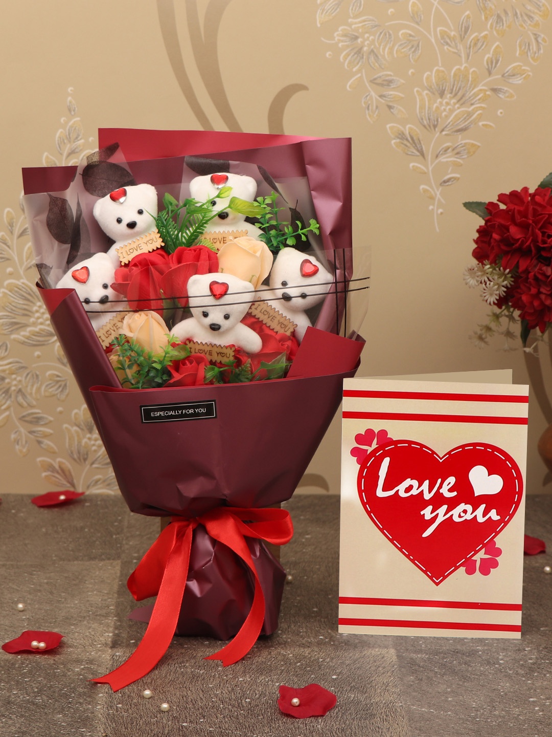 

TIED RIBBONS Red & White Artificial Scented Flower & Teddy Bouquet with Card