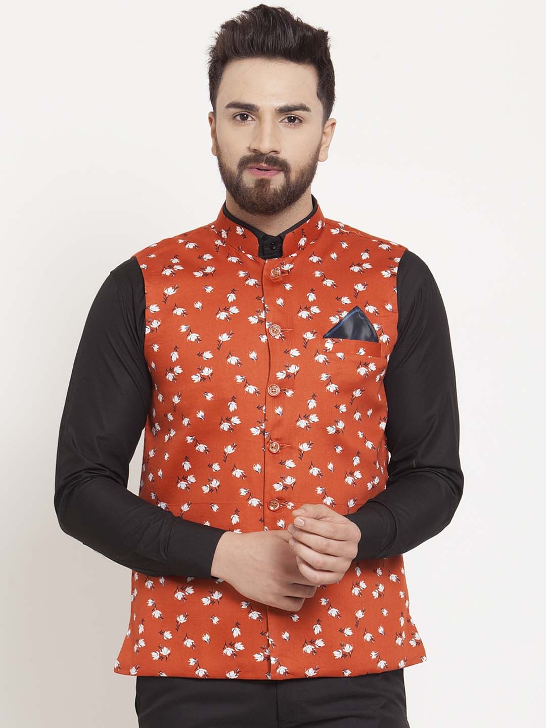 

KLOTTHE Men Orange & White Printed Nehru Jacket