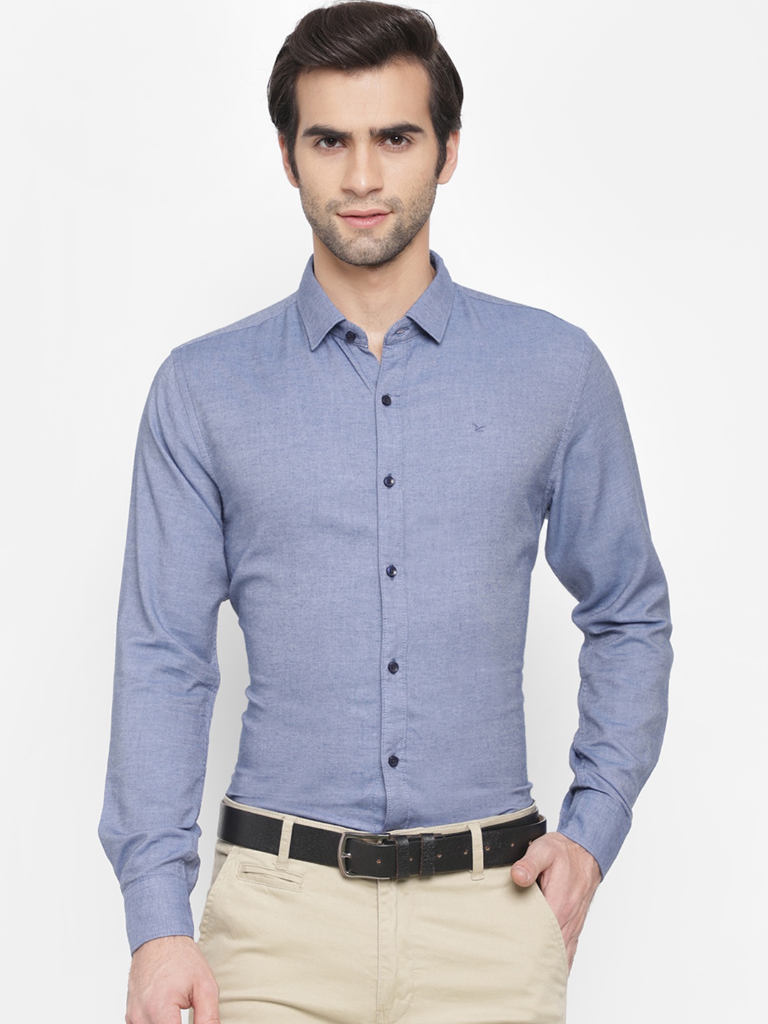 

cape canary Men Blue Regular Fit Self Design Formal Shirt