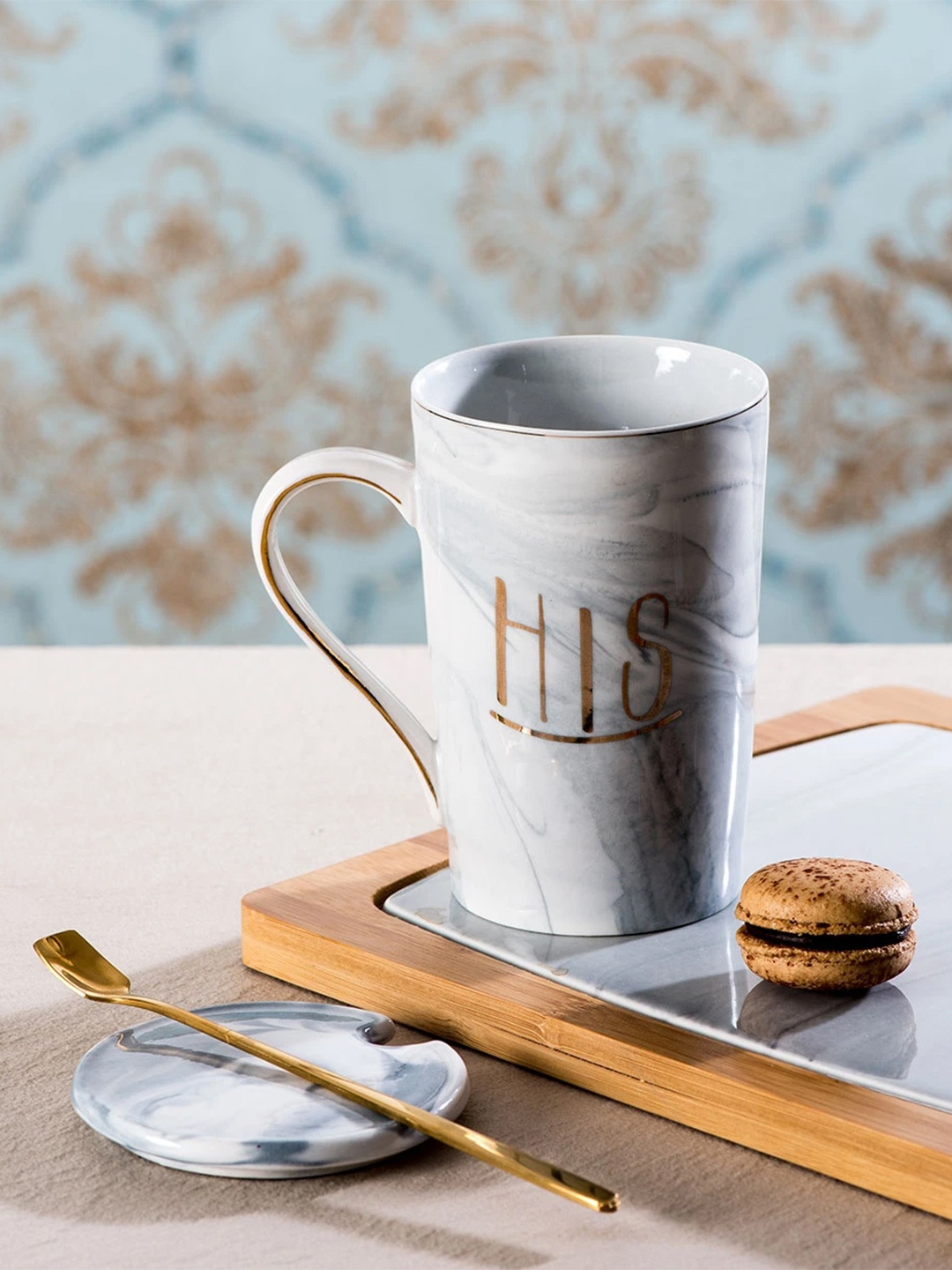 

THEDECORKART White & Grey Printed Coffee Mug With Lid & Spoon