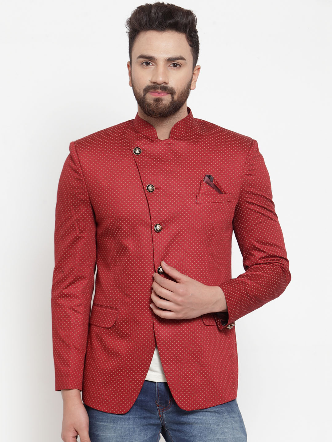 

KLOTTHE Men Red Printed Slim-Fit Bandhgala Party Blazer