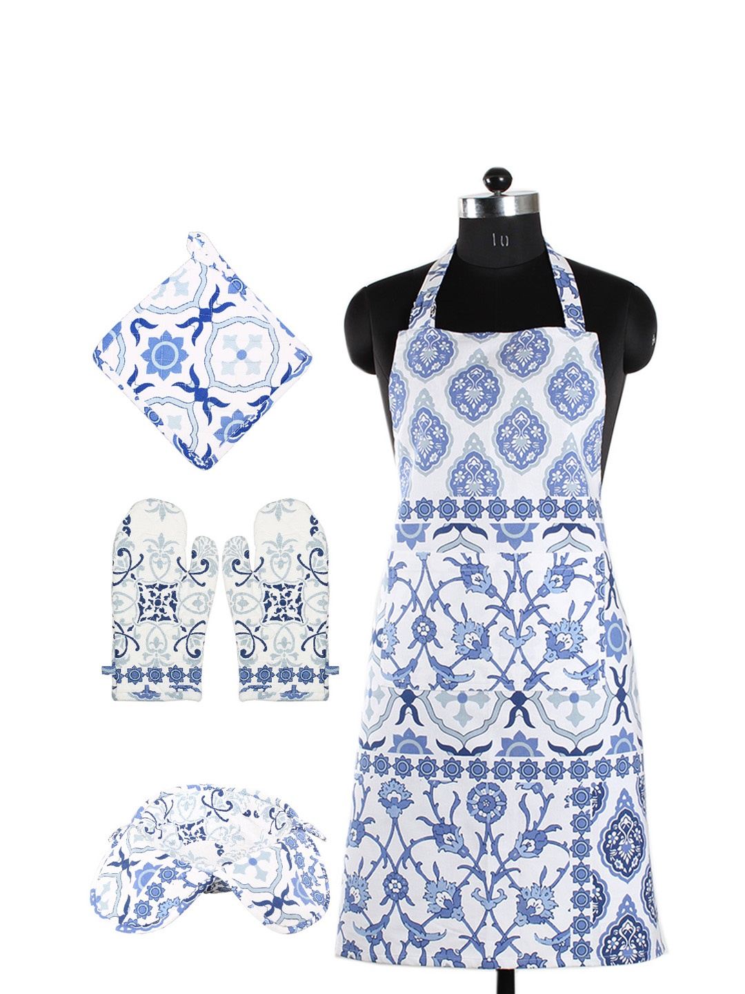 

House This Set of 5 Blue & White Printed Cotton Kitchen Linen Set