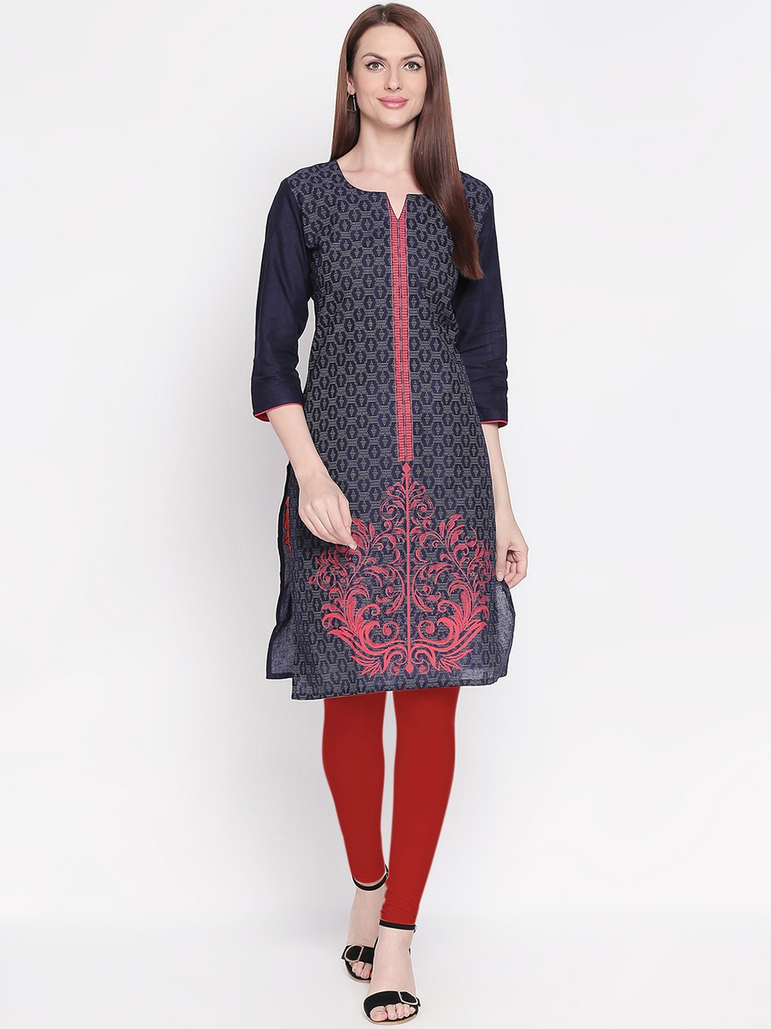 

ZRI Women Navy Blue & Pink Printed Pure Cotton Straight Kurta