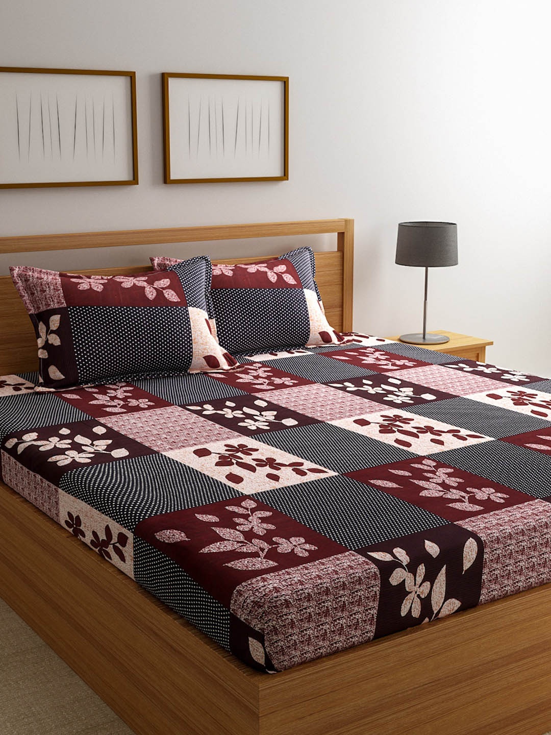

ROMEE Maroon & Beige Floral 144 TC Microfiber 1 Queen Bedsheet with 2 Pillow Covers