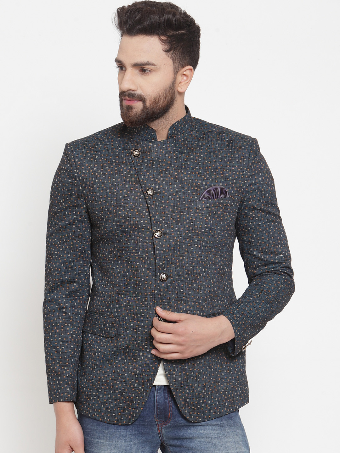 

KLOTTHE Men Grey & Orange Printed Slim-Fit Bandhgala Blazer