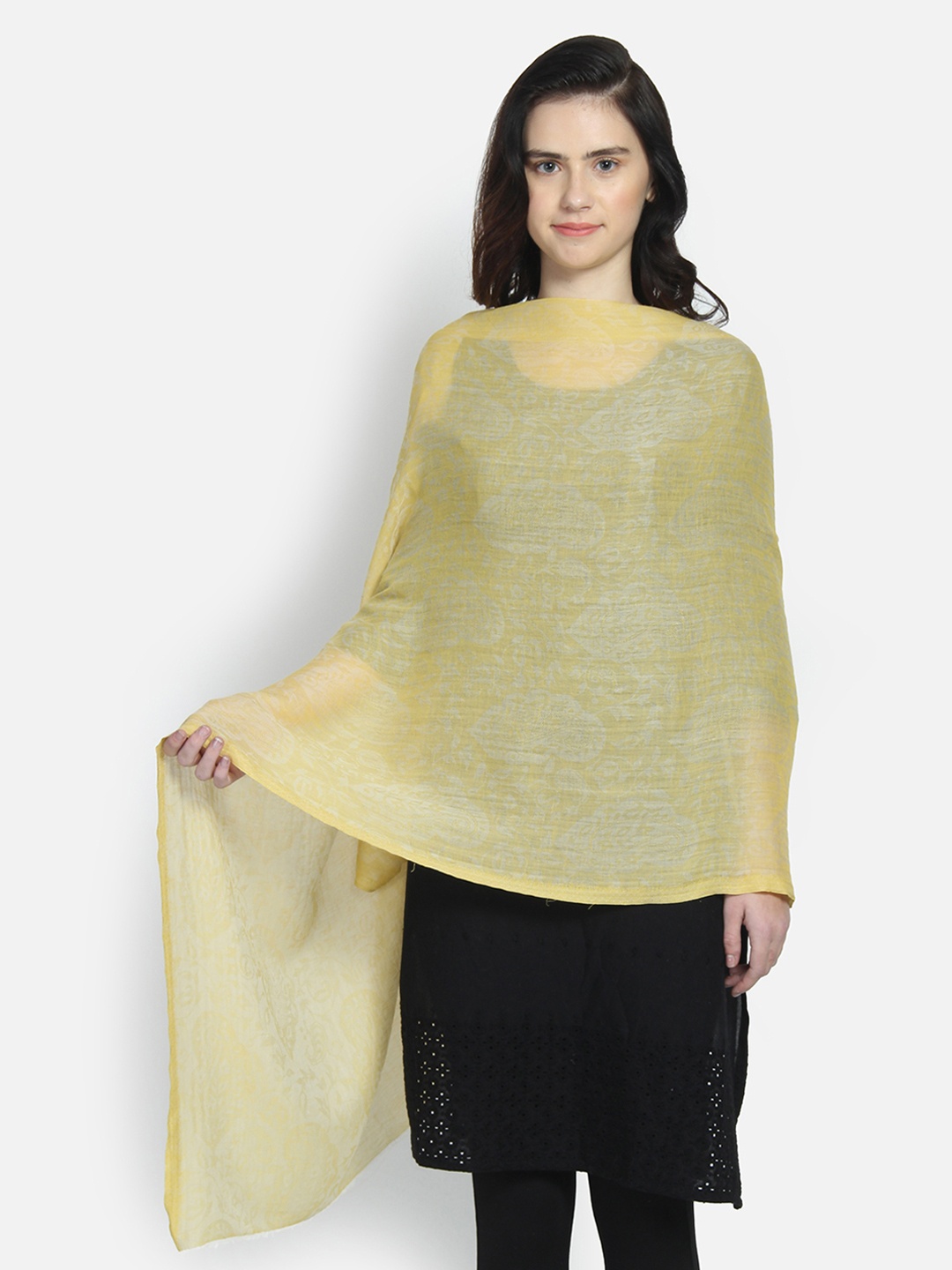 

Anekaant Women Yellow & Grey Woven Design Paisley Pure Woollen Shawl