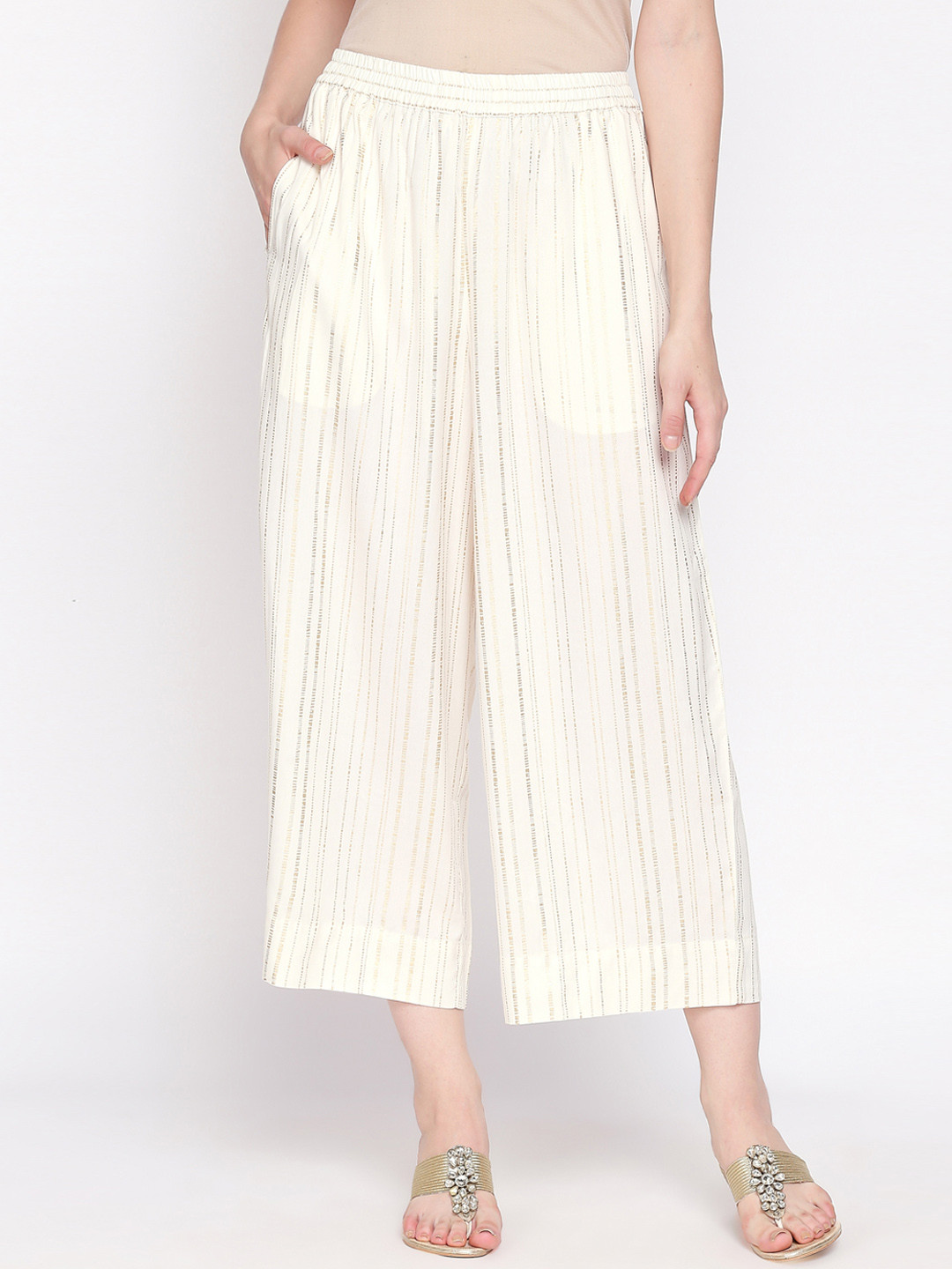

RANGMANCH BY PANTALOONS Women Off-White Regular Fit Striped Culottes