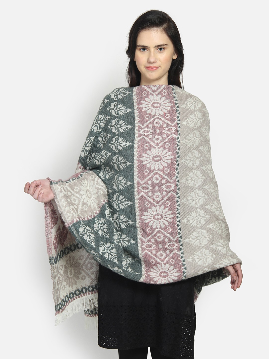 

Anekaant Women Grey & Green Woven Design Shawl