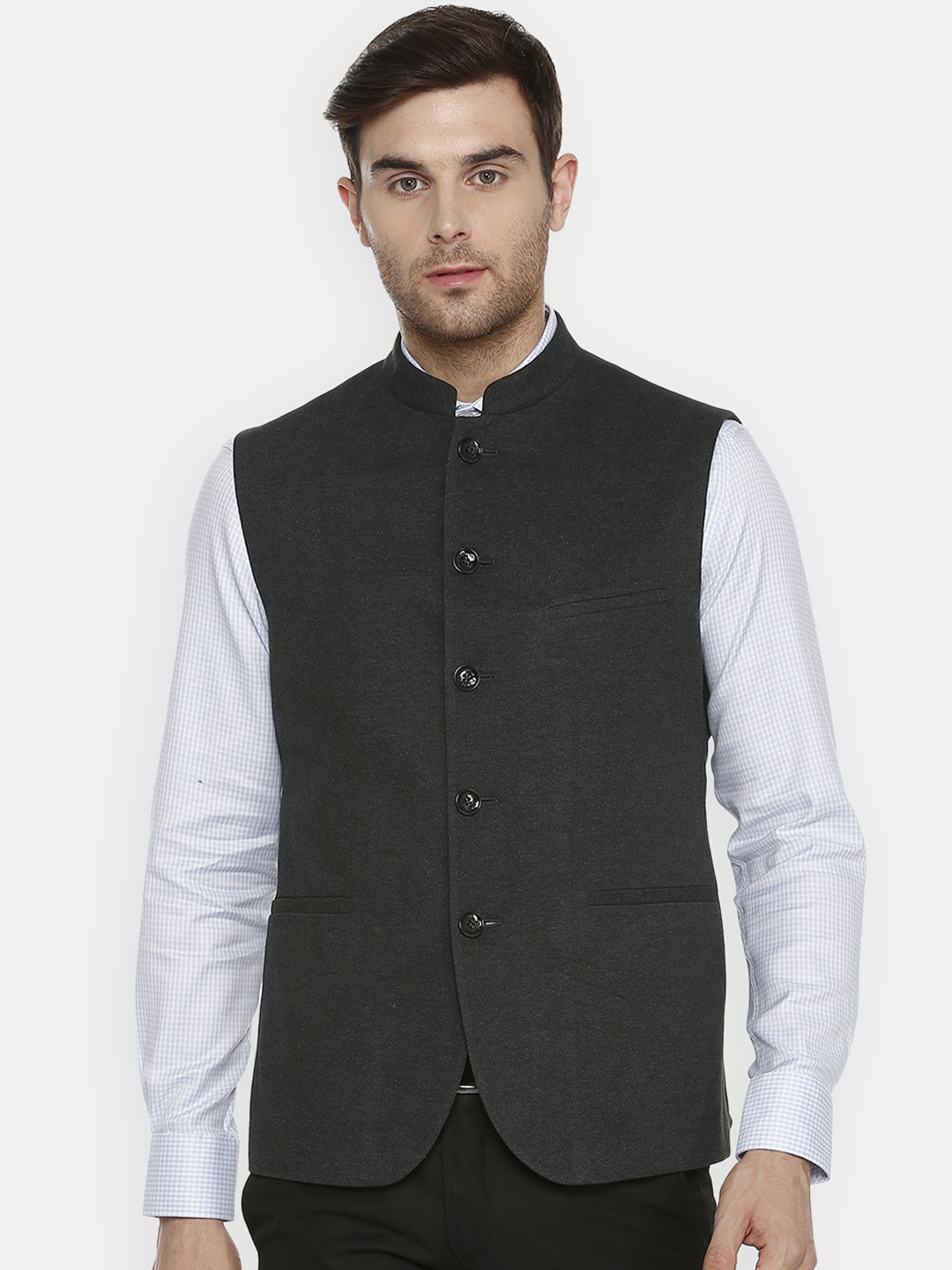 

Allen Solly Men Grey Solid Woven Pure Cotton Nehru Jacket