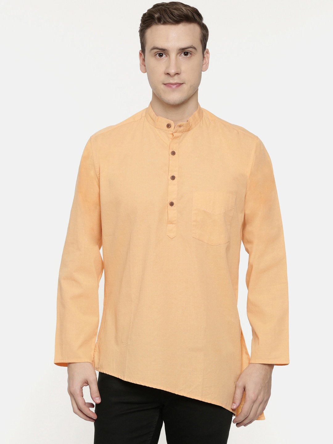 

ROLLER FASHIONS Men Peach-Coloured Solid Straight Asymmetric Kurta