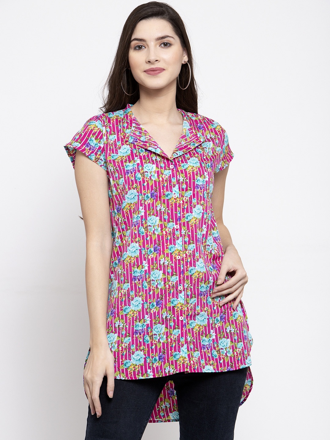 

Purple State Women Pink Floral Printed High-Low Top