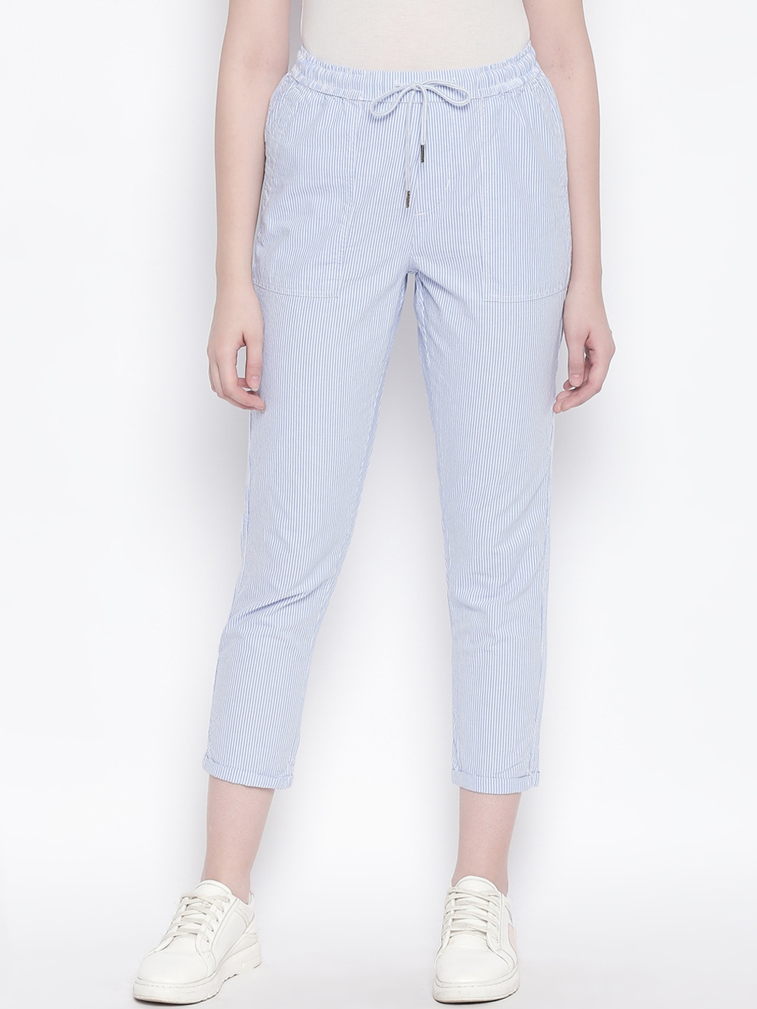 

Honey by Pantaloons Women Blue Regular Fit Striped Cigarette Trousers