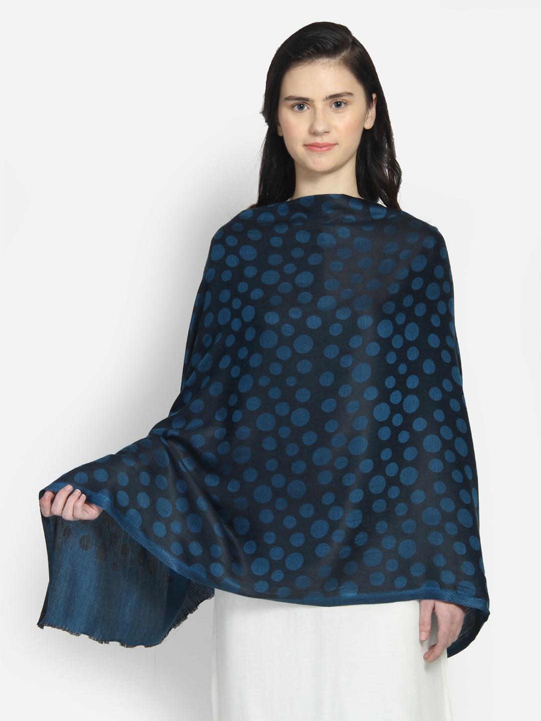 

Anekaant Women Black & Blue Polka Dotted Woven Design Shawl