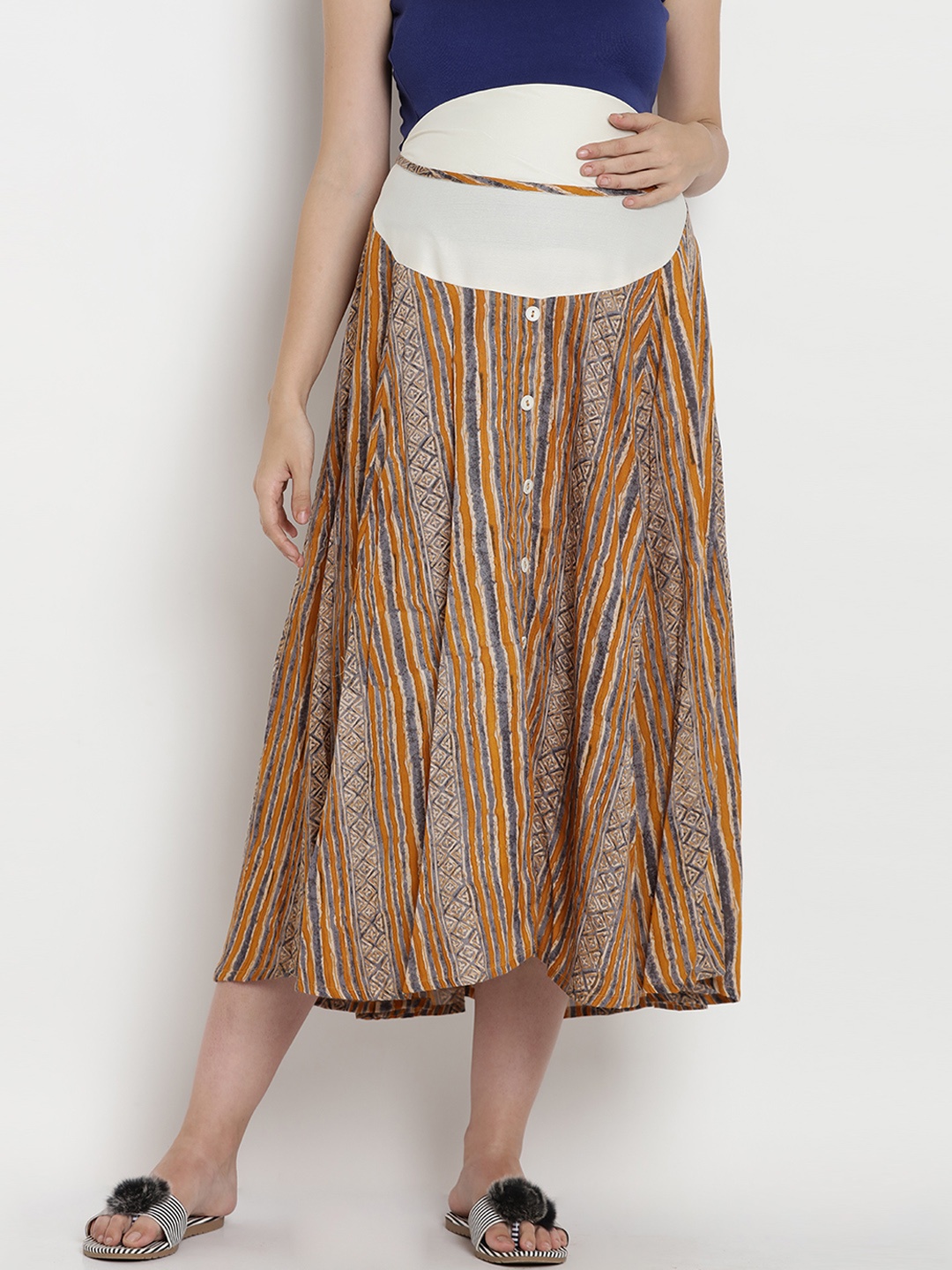 

Mine4Nine Women Mustard Yellow & Grey Striped Midi Maternity Skirt