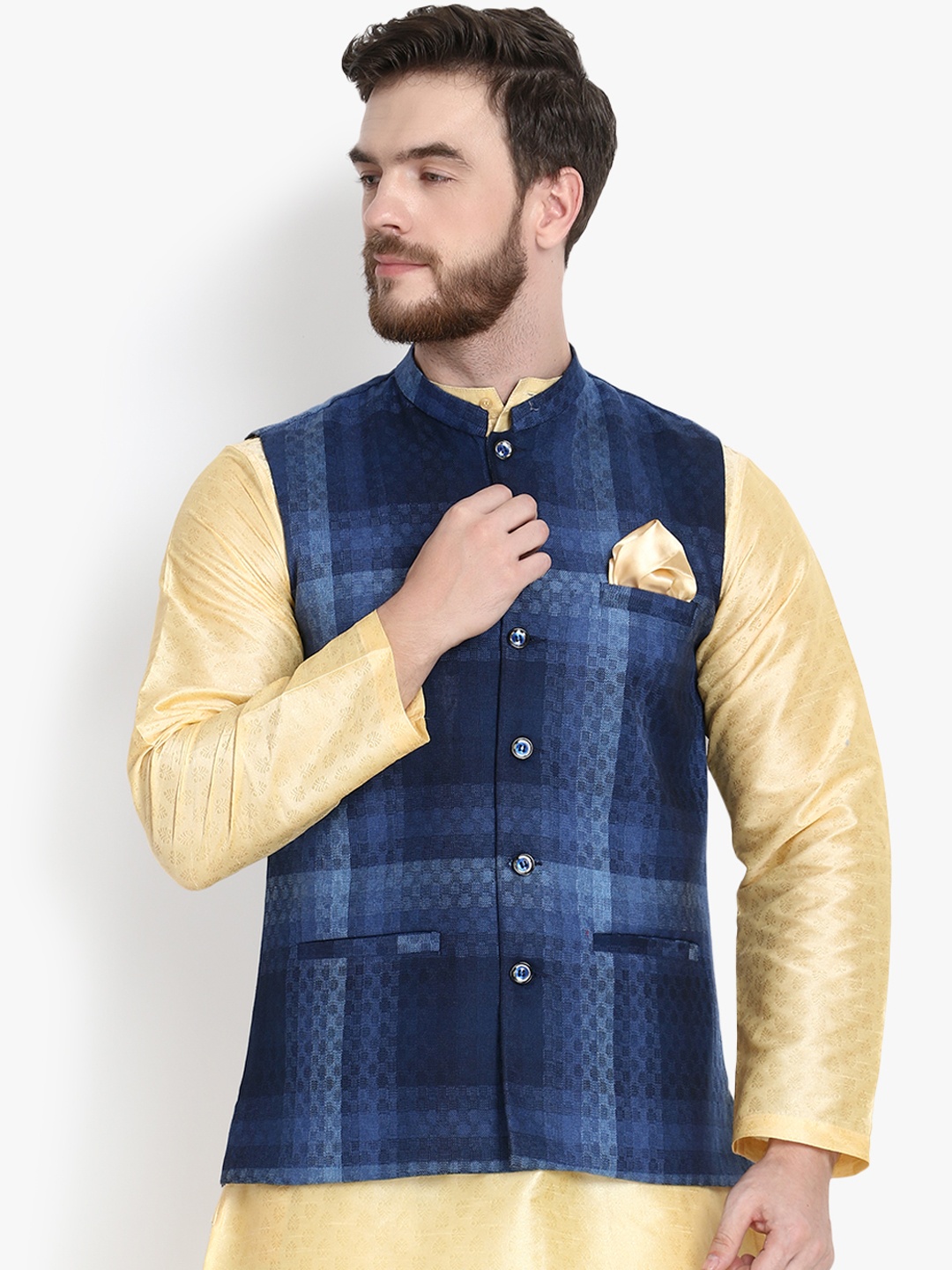 

KLOTTHE Woven Design Satin Nehru Jacket, Navy blue
