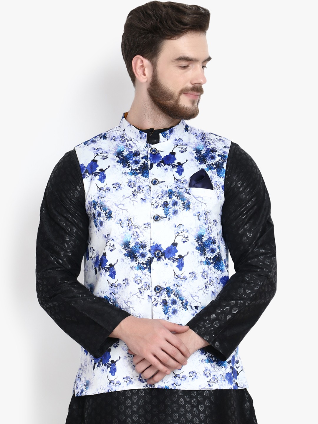 

KLOTTHE Men White & Blue Printed Satin Nehru Jacket