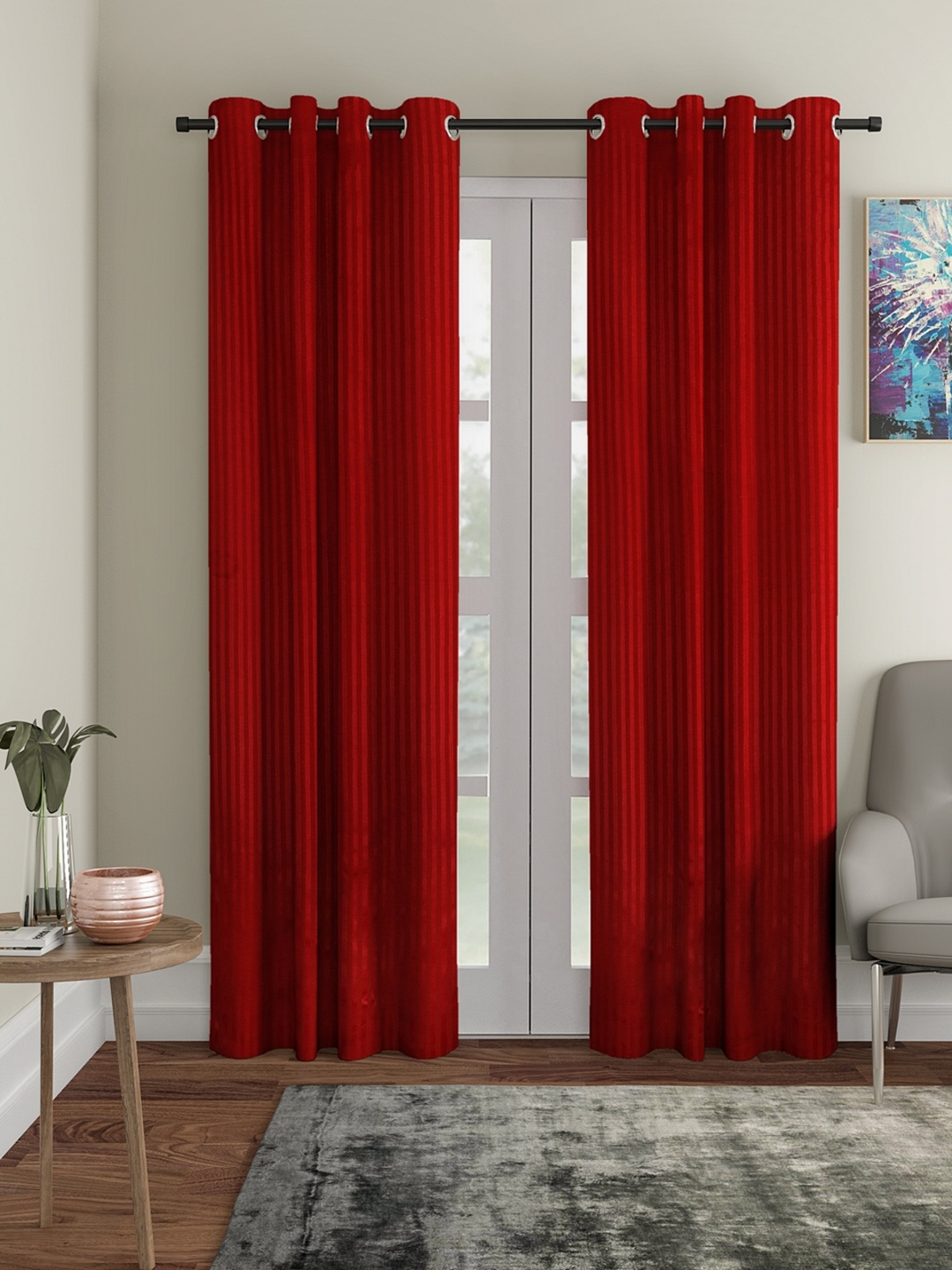 

ROMEE Set of 2 Red Striped Room Darkening Door Curtains