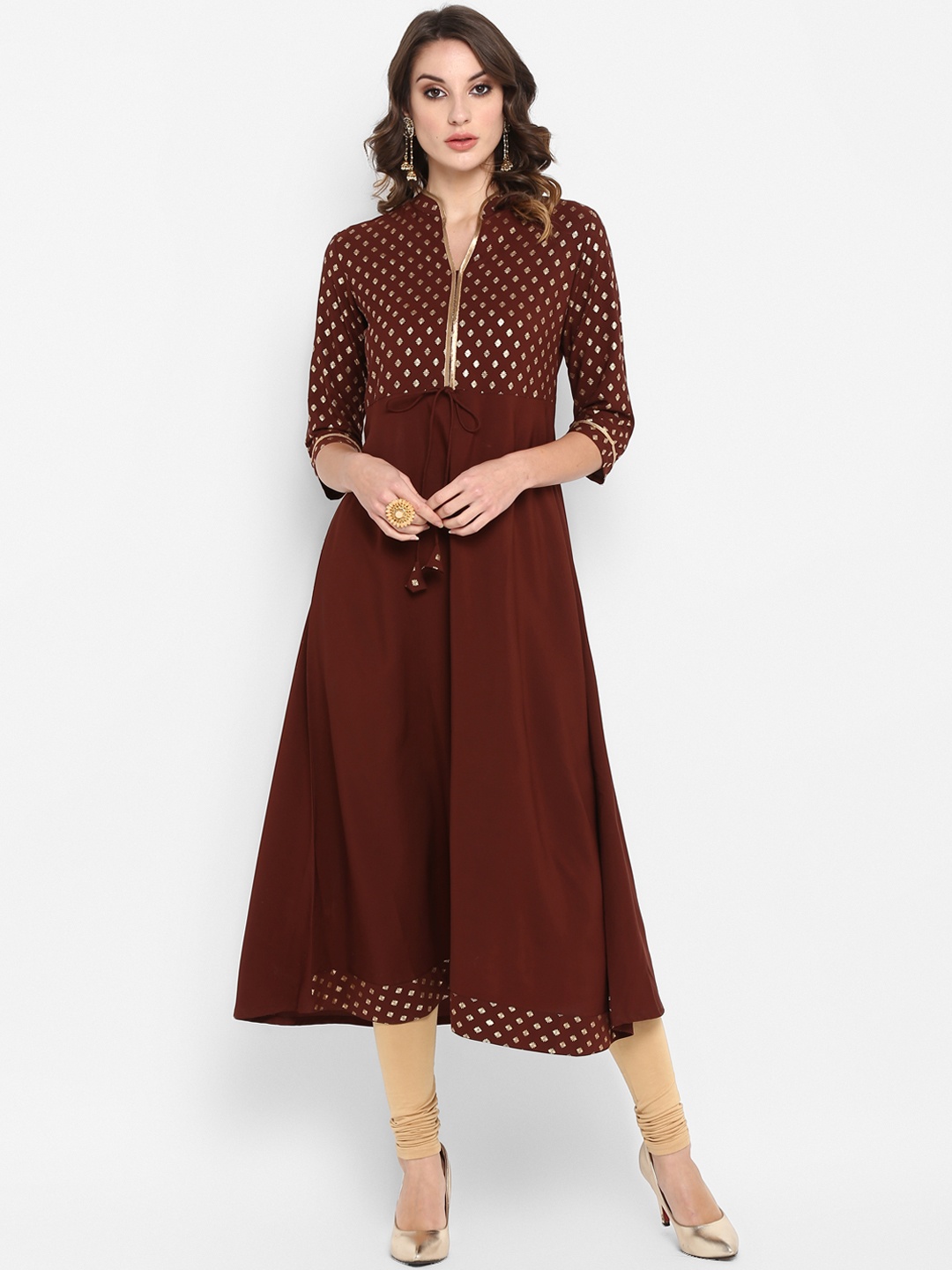 

Janasya Women Brown Foil Print A-Line Kurta