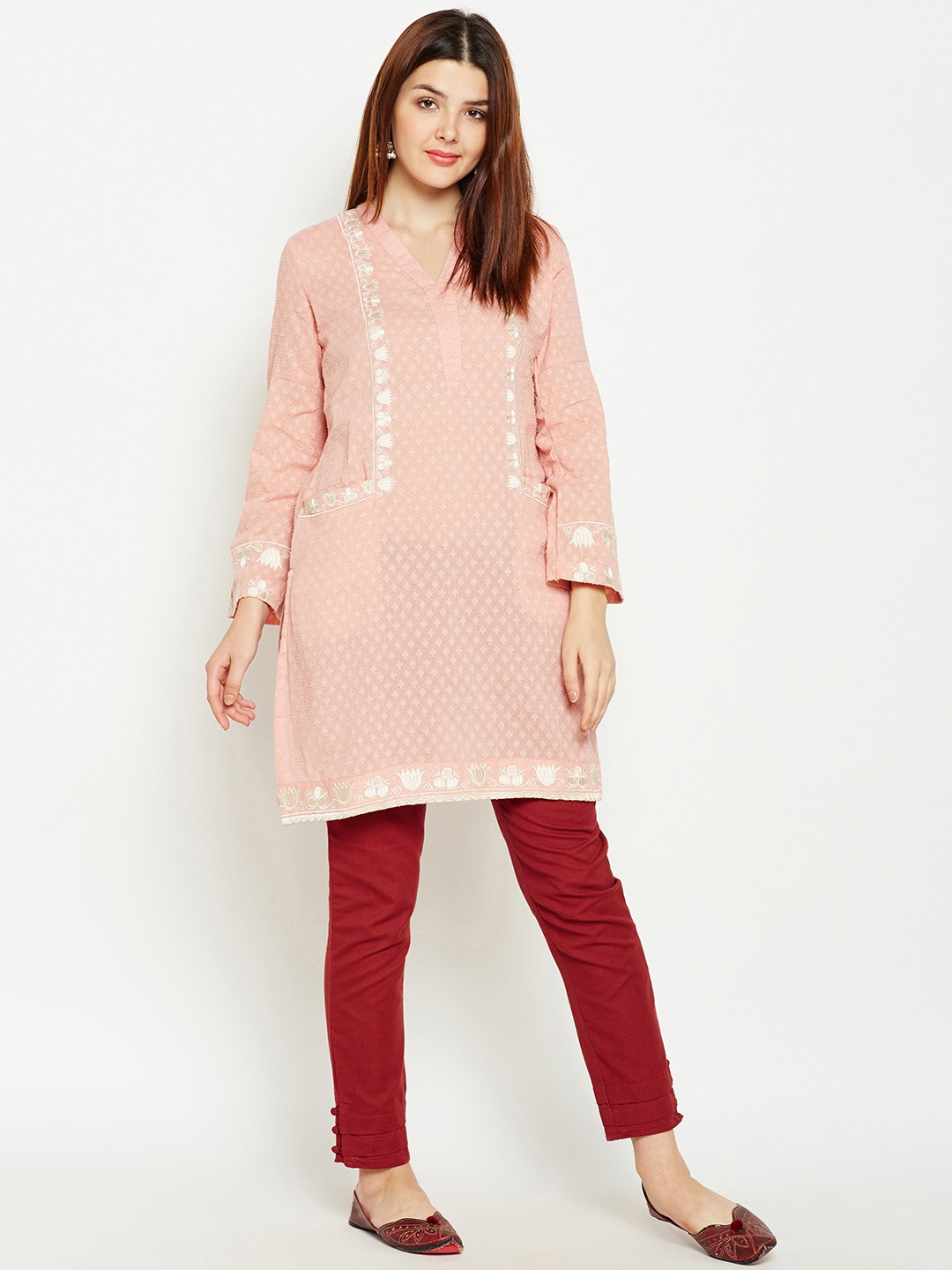 

Be Indi Women Pink Woven Design Straight Kurta