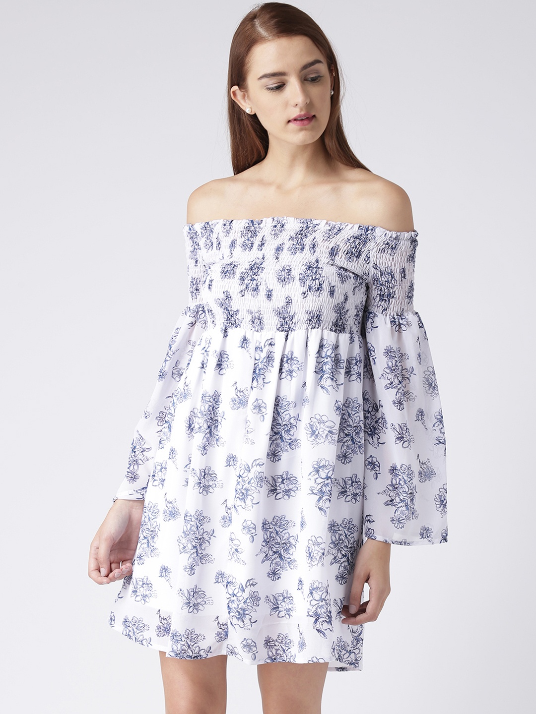 KASSUALLY Women White & Blue Printed Empire Dress