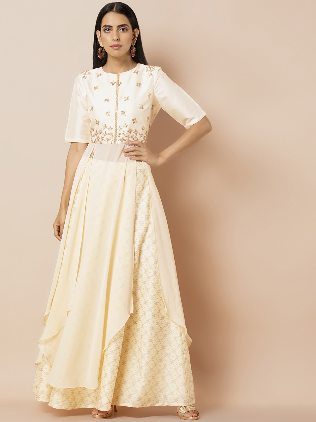 

INDYA Women Cream-Coloured Embroidered Asymmetrical Hem A-Line Kurta