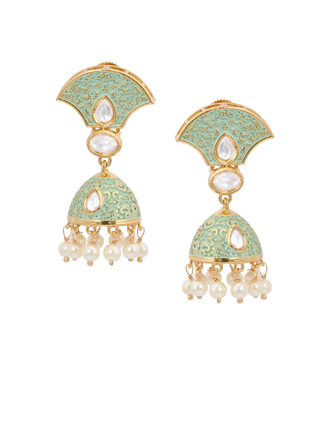 

Tistabene Green & Gold-Plated Enamelled Dome Shaped Jhumkas