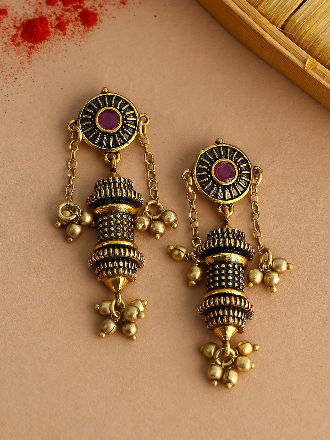 

Voylla Gold-Toned & Pink Contemporary Drop Earrings