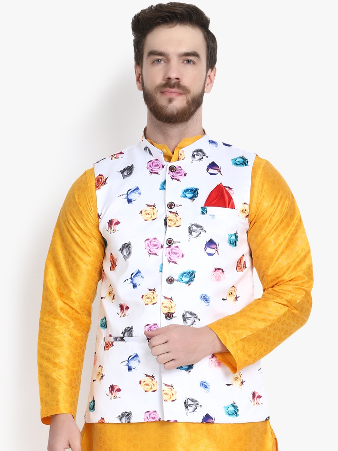 

KLOTTHE Printed Cotton Blend Nehru Jacket, White