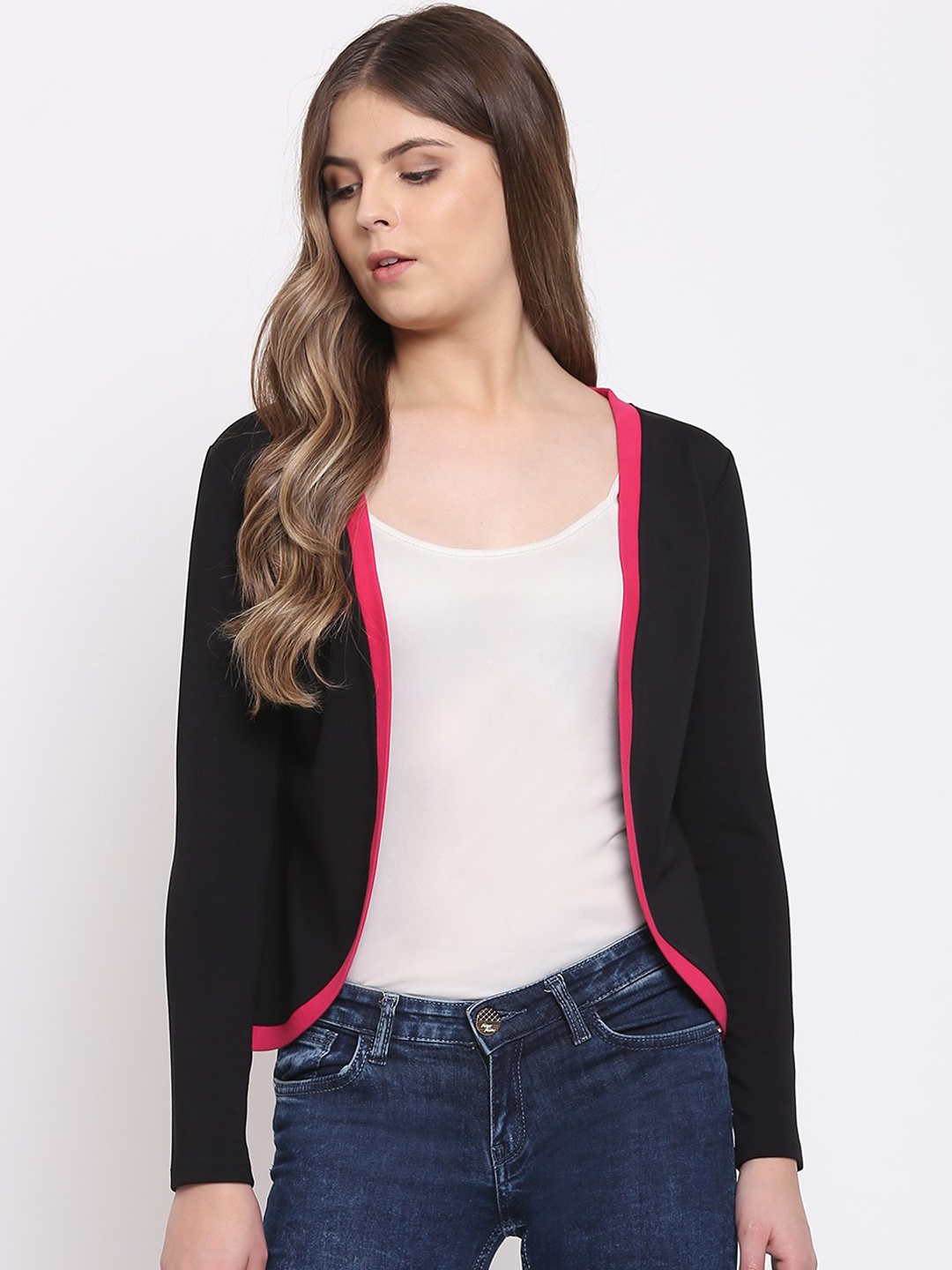 

RIVI Women Black Solid Open Front Shrug