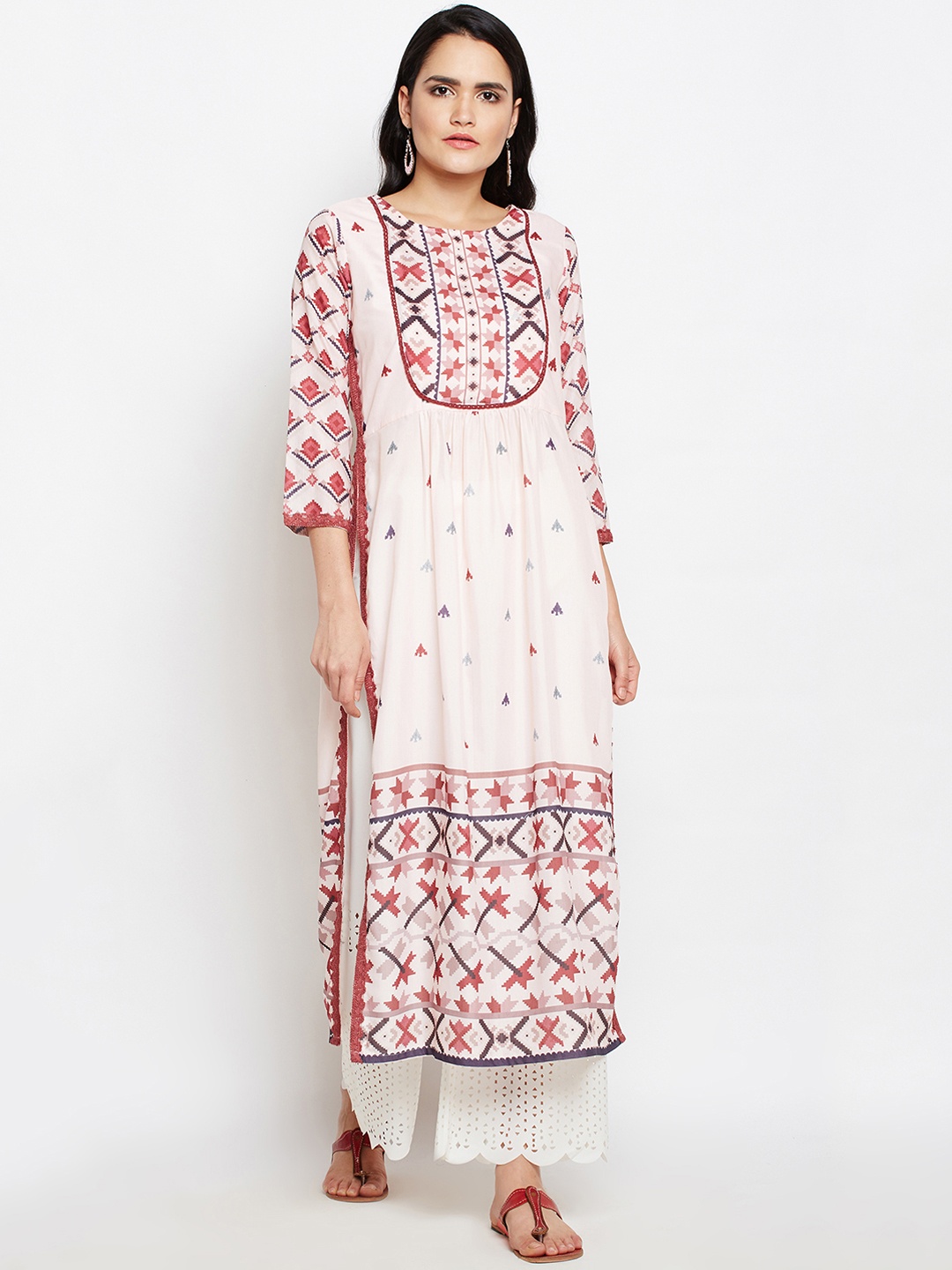 

Be Indi Women Pink & Cream-Coloured Printed Straight Kurta